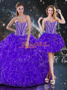 Customized Floor Length Purple Ball Gown Prom Dress Organza Sleeveless Beading and Ruffles