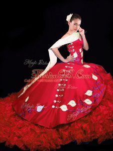 Hot Selling Sleeveless Embroidery and Ruffles Lace Up Quinceanera Gowns with Red Brush Train