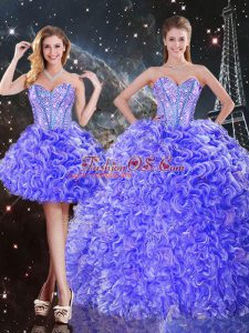 Best Selling Sleeveless Floor Length Beading and Ruffles Lace Up Sweet 16 Dresses with Purple