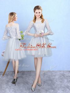 Stylish Silver Empire Tulle Off The Shoulder Half Sleeves Lace With Train Lace Up Dama Dress