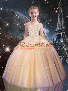 Suitable Floor Length Ball Gowns Sleeveless Peach Little Girls Pageant Gowns Lace Up