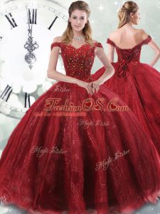 Sumptuous Off The Shoulder Sleeveless Tulle Sweet 16 Dresses Beading Brush Train Lace Up