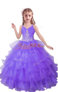 High End Sleeveless Organza Floor Length Zipper Little Girl Pageant Gowns in Lilac with Beading and Ruffled Layers