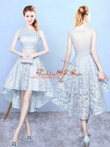 Great Light Blue A-line Lace Wedding Guest Dresses Zipper Lace Sleeveless High Low