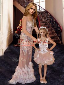 V-neck Sleeveless Tulle Prom Gown Beading and Ruffles and Sequins Brush Train Zipper