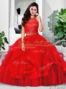 Red Quinceanera Gown Military Ball and Sweet 16 and Quinceanera with Lace and Ruffles Halter Top Sleeveless Zipper