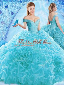 Latest Aqua Blue Ball Gowns Off The Shoulder Cap Sleeves Organza Brush Train Lace Up Ruffles and Pick Ups Quinceanera Dress
