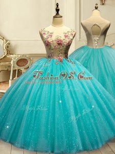 High Class Ball Gowns Quinceanera Dresses Aqua Blue Scoop Tulle Sleeveless Floor Length Lace Up