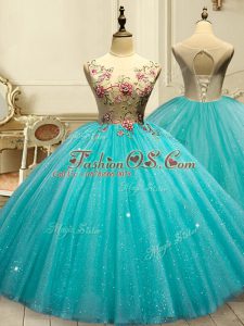 High Class Ball Gowns Quinceanera Dresses Aqua Blue Scoop Tulle Sleeveless Floor Length Lace Up