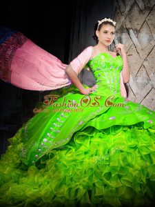 Fashionable Organza Lace Up Quince Ball Gowns Sleeveless With Brush Train Embroidery and Ruffles