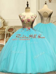 Floor Length Aqua Blue Quinceanera Dress Scoop Sleeveless Lace Up