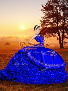 Royal Blue Sleeveless Brush Train Embroidery and Ruffles Quince Ball Gowns