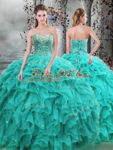 Simple Turquoise Sweetheart Lace Up Beading and Ruffles Quinceanera Dresses Sleeveless
