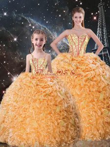 Fine Orange Ball Gowns Organza Sweetheart Sleeveless Beading and Ruffles Floor Length Lace Up Quinceanera Gowns