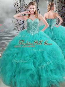 Turquoise Lace Up Sweetheart Beading and Ruffles Quinceanera Gown Organza Sleeveless