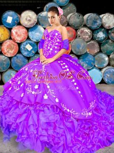 Dazzling Organza Sleeveless Quinceanera Gowns Brush Train and Embroidery and Ruffles