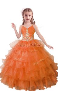 Custom Made Orange Red Sleeveless Floor Length Beading and Ruffled Layers Zipper Child Pageant Dress