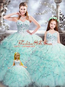 Pretty Aqua Blue Sweet 16 Dresses Military Ball and Sweet 16 and Quinceanera with Beading and Ruffles Sweetheart Sleeveless Lace Up