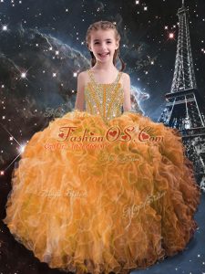 Orange Red Ball Gowns Organza Straps Sleeveless Beading and Ruffles Floor Length Lace Up Little Girls Pageant Dress Wholesale