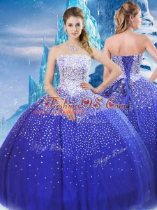 Extravagant Sleeveless Floor Length Beading Lace Up Quinceanera Dresses with Blue