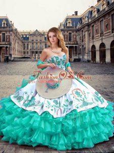 Turquoise Sweetheart Neckline Embroidery and Ruffled Layers Quince Ball Gowns Sleeveless Lace Up