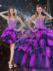 Sleeveless Floor Length Beading and Ruffles and Ruffled Layers Lace Up Ball Gown Prom Dress with Multi-color