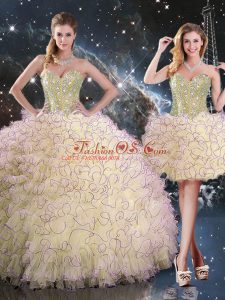 Light Yellow Ball Gowns Sweetheart Sleeveless Organza Floor Length Lace Up Beading and Ruffles Quinceanera Dress