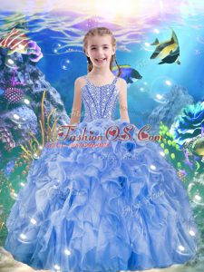 Custom Designed Floor Length Ball Gowns Sleeveless Light Blue Little Girl Pageant Dress Lace Up