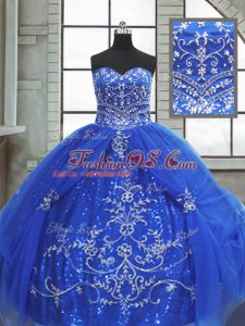 Sleeveless Floor Length Beading and Appliques Lace Up 15th Birthday Dress with Blue
