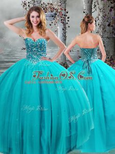 Sweetheart Sleeveless Vestidos de Quinceanera Floor Length Beading Aqua Blue Tulle
