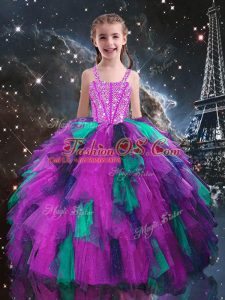 Fuchsia Ball Gowns Beading and Ruffles Pageant Dress Toddler Lace Up Tulle Sleeveless Floor Length