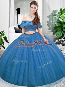 Custom Design Off The Shoulder Sleeveless Quince Ball Gowns Floor Length Lace Blue Organza