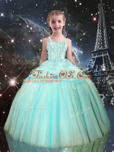 Sleeveless Tulle Floor Length Lace Up Pageant Dress in Aqua Blue with Beading