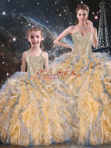 Ball Gowns Quinceanera Dresses Gold Sweetheart Organza Sleeveless Floor Length Lace Up