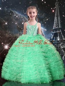 Best Selling Apple Green Ball Gowns Beading and Ruffled Layers Girls Pageant Dresses Lace Up Tulle Sleeveless Floor Length