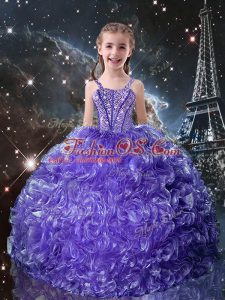 Fashion Purple Ball Gowns Straps Sleeveless Organza Floor Length Lace Up Beading and Ruffles Girls Pageant Dresses
