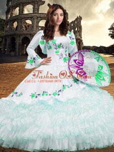Sweet Embroidery and Ruffled Layers Sweet 16 Quinceanera Dress White Lace Up Long Sleeves Floor Length