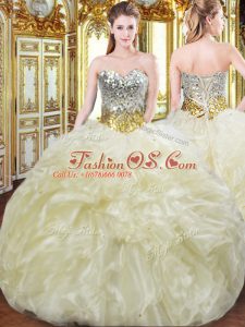 Floor Length Light Yellow Quinceanera Dress Organza Sleeveless Beading and Ruffles