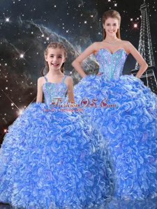 Best Blue Ball Gowns Sweetheart Sleeveless Organza Floor Length Lace Up Beading and Ruffles Sweet 16 Dresses