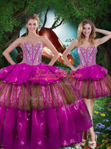 Fine Organza Sweetheart Sleeveless Lace Up Beading and Ruffled Layers and Sequins Quinceanera Dress in Multi-color