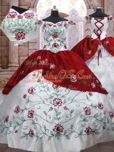 Cheap White And Red Sleeveless Floor Length Embroidery and Ruffled Layers Lace Up 15 Quinceanera Dress