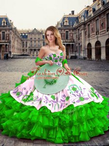 Flare Green Organza and Taffeta Lace Up Sweetheart Sleeveless Floor Length Sweet 16 Dresses Embroidery and Ruffled Layers