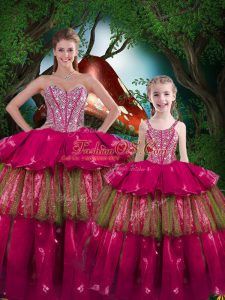 Custom Design Sleeveless Organza Floor Length Lace Up 15 Quinceanera Dress in Fuchsia with Beading and Ruffled Layers