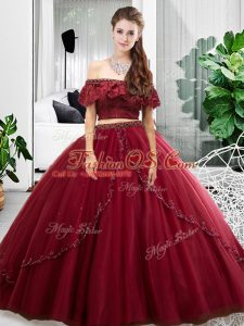 Beauteous Burgundy Lace Up Off The Shoulder Lace and Ruffles 15 Quinceanera Dress Tulle Sleeveless