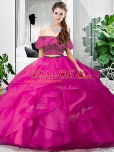 Latest Sleeveless Floor Length Lace and Ruffles Lace Up Quinceanera Gowns with Hot Pink
