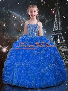 Custom Fit Blue Ball Gowns Straps Sleeveless Organza Floor Length Lace Up Beading and Ruffles Little Girls Pageant Dress Wholesale