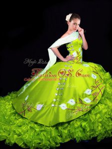 Modest Yellow Green Lace Up Vestidos de Quinceanera Embroidery and Ruffles Sleeveless Brush Train