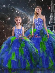 Designer Sleeveless Floor Length Beading and Ruffles Lace Up Sweet 16 Quinceanera Dress with Multi-color