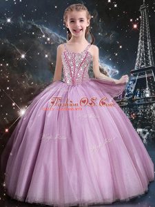 Tulle Straps Sleeveless Lace Up Beading Pageant Dress for Girls in Rose Pink