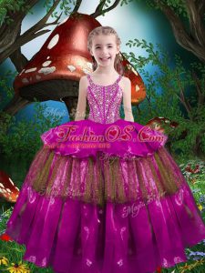 Cute Floor Length Fuchsia Little Girls Pageant Dress Wholesale Straps Sleeveless Lace Up